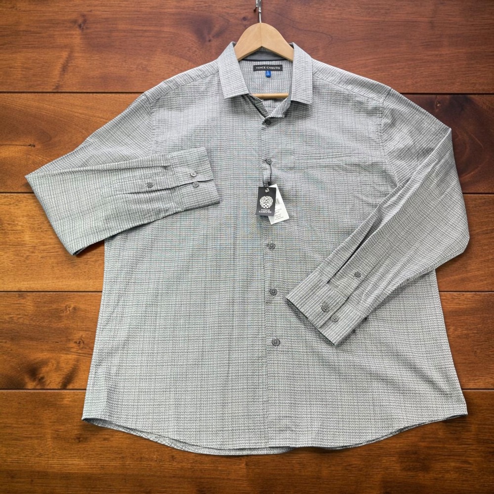 NEW Vince Camuto Men XL Grey White Textured Cotton Long Sleeve Button Down Shirt